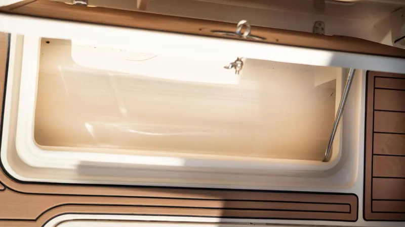  Yacht Photos Pics Open storage compartment on 2019 Scout 275 LXF boat, featuring sleek design and wood accents.