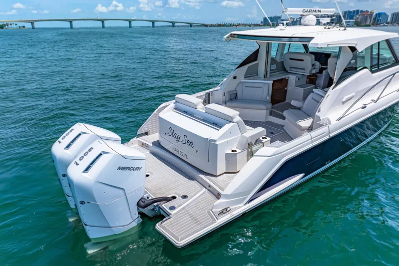 Yacht Photos Pics 2022 Tiara Yachts 43 LE luxury boat on water with twin Mercury engines.
