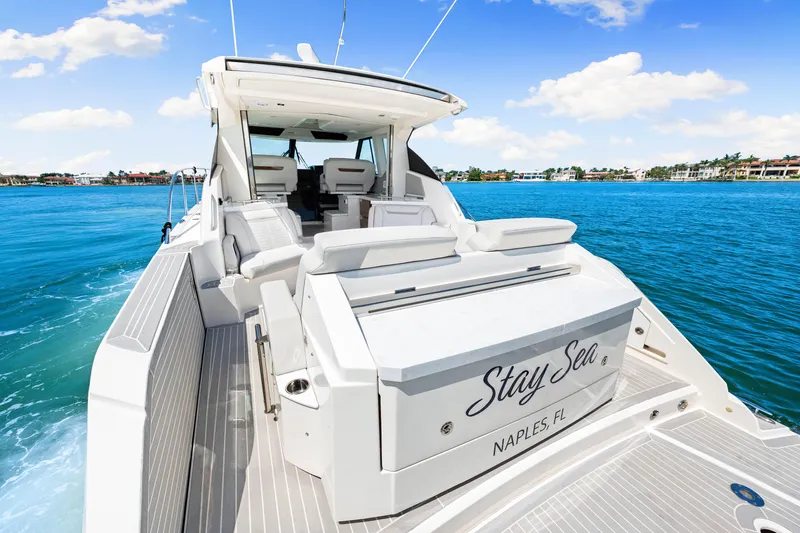  Yacht Photos Pics 2022 Tiara Yachts 43 LE on water, rear view, "Stay Sea" in Naples, FL.