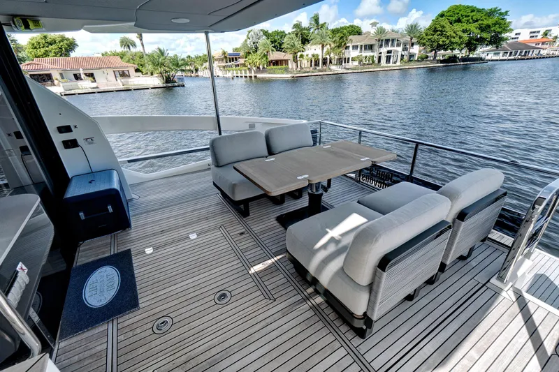 Joan's Rondevous Yacht Photos Pics Luxury deck of 2025 Absolute 52 FLY yacht with waterfront view.