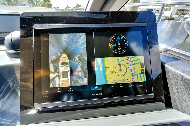 Joan's Rondevous Yacht Photos Pics Garmin navigation display on 2025 Absolute 52 FLY yacht, showing maps and boat controls.