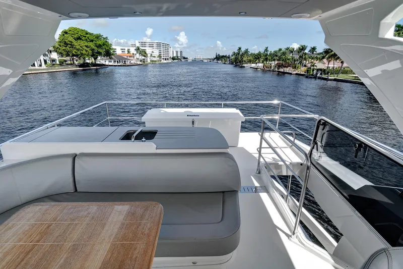 Joan's Rondevous Yacht Photos Pics Luxurious 2025 Absolute 52 FLY yacht with spacious deck and scenic waterway view.