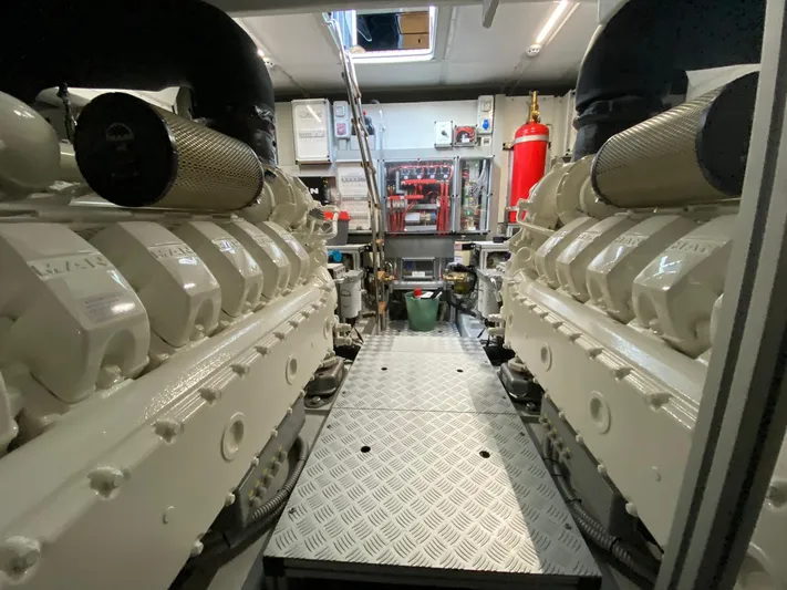  Yacht Photos Pics Engine room of 2020 Riva 66' Ribelle yacht, featuring dual engines and modern equipment.