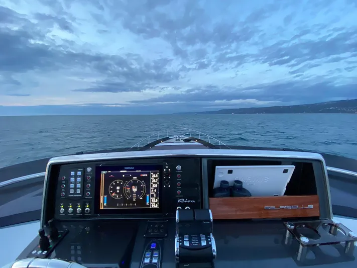  Yacht Photos Pics Cockpit view of 2020 Riva 66' Ribelle yacht at sea under cloudy sky.