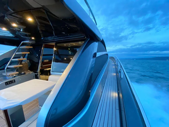  Yacht Photos Pics 2020 Riva 66' Ribelle yacht cruising on open sea at dusk.
