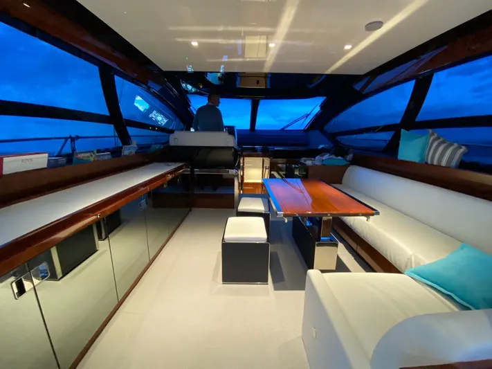  Yacht Photos Pics Luxurious interior of 2020 Riva 66' Ribelle yacht with modern seating and panoramic windows.