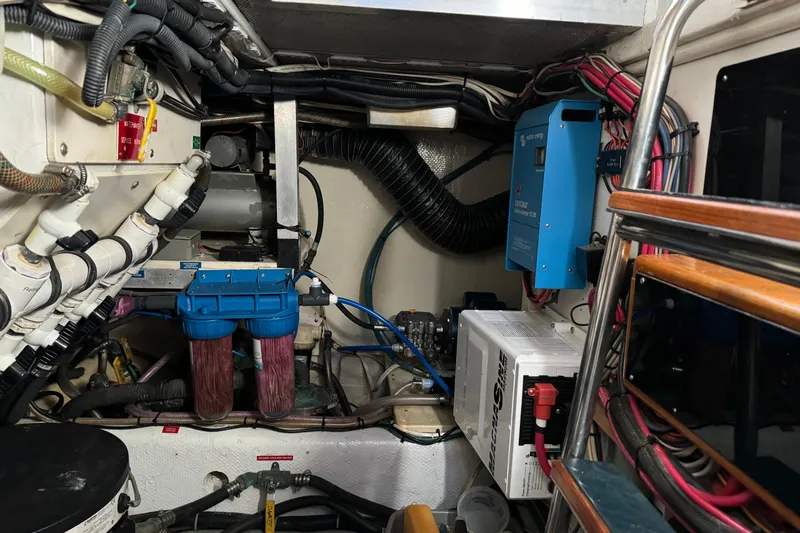  Yacht Photos Pics Engine room of a 1989 Seaton Trawler with electrical and plumbing systems.