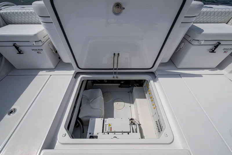  Yacht Photos Pics HCB 48 Campeon 2025 boat storage compartment open, showcasing interior details.