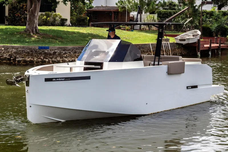  Yacht Photos Pics 2024 De Antonio Yachts D28 Open cruising on a serene waterway.