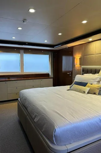 Blue Moon Yacht Photos Pics Luxurious bedroom interior on 2013 Princess M Class 32M yacht, featuring elegant decor and ambient lighting.