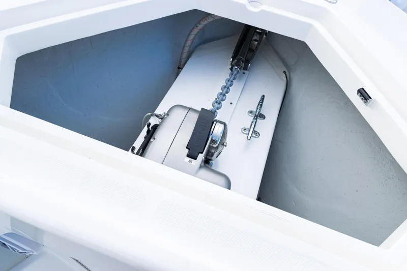  Yacht Photos Pics Anchor compartment of 2021 SeaVee 322Z boat, featuring a chain and winch system.