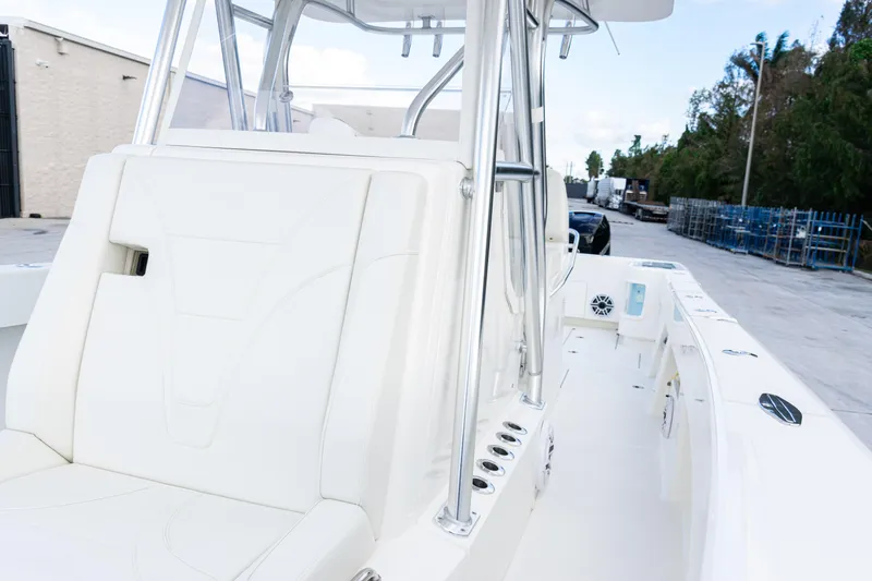  Yacht Photos Pics 2021 SeaVee 322Z boat with sleek white seating and modern design features.