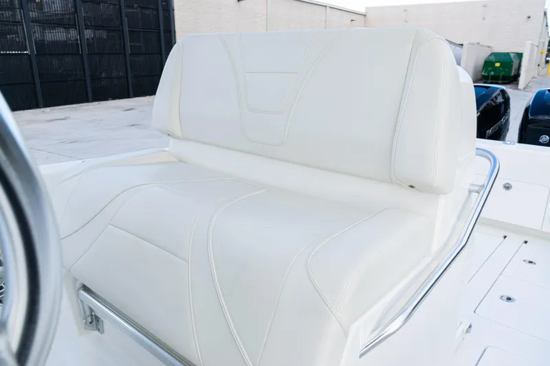  Yacht Photos Pics 2021 SeaVee 322Z boat with white cushioned seating and sleek design.