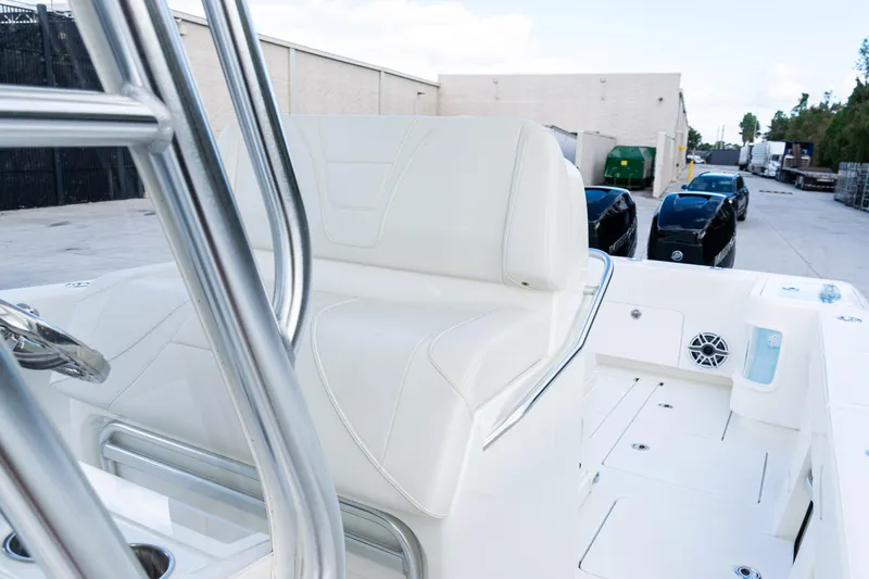  Yacht Photos Pics 2021 SeaVee 322Z boat interior with white seating and stainless steel details.