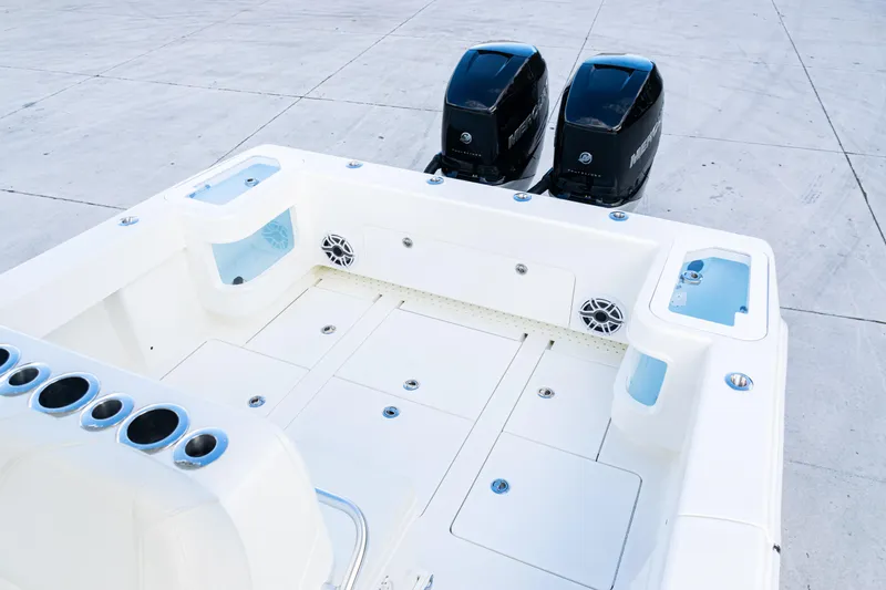  Yacht Photos Pics 2021 SeaVee 322Z boat deck with dual Mercury outboard engines.