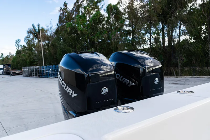  Yacht Photos Pics 2021 SeaVee 322Z boat with twin Mercury FourStroke engines, docked outdoors.