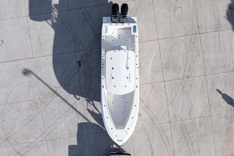  Yacht Photos Pics Overhead view of a 2021 SeaVee 322Z boat on concrete surface.