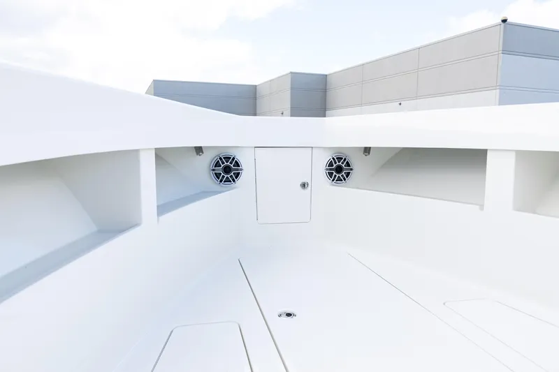  Yacht Photos Pics 2021 SeaVee 322Z boat interior with speakers and storage compartments.