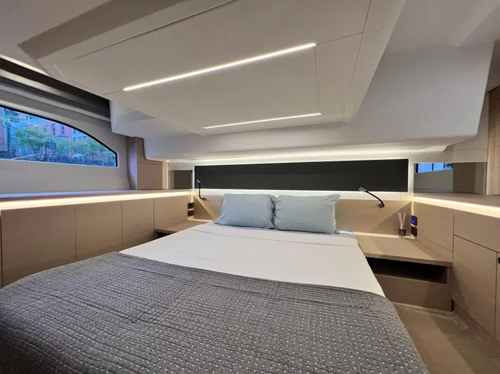  Yacht Photos Pics Luxurious interior of 2023 Prestige 420S yacht with modern bedroom design.