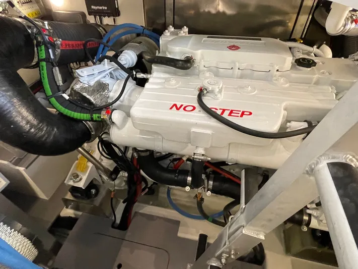  Yacht Photos Pics Engine compartment of a 2023 Prestige 420S yacht, featuring "NO STEP" warning.