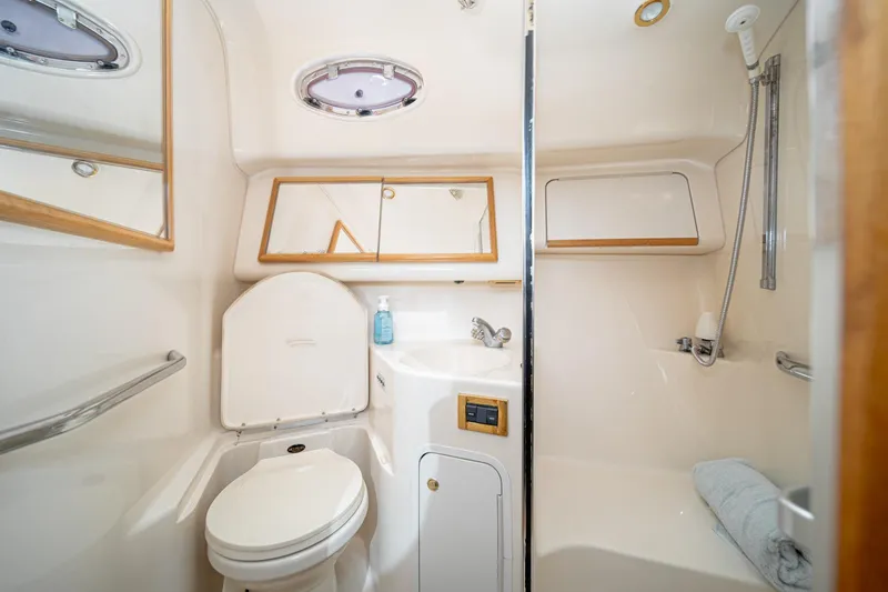 Free Spirit Yacht Photos Pics 1998 Sea Ray 420 Aft Cabin bathroom with toilet, sink, and shower.