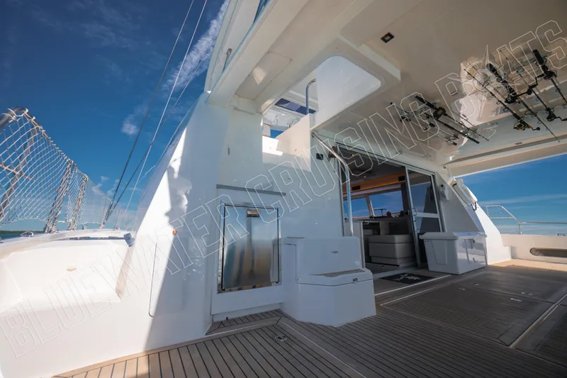 Sea Dog Yacht Photos Pics 2020 Leopard 58 yacht deck with modern design and ocean view.