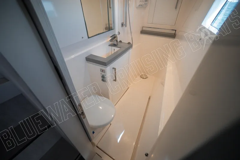 Sea Dog Yacht Photos Pics Modern bathroom interior on 2020 Leopard 58 yacht, featuring sleek design and fixtures.
