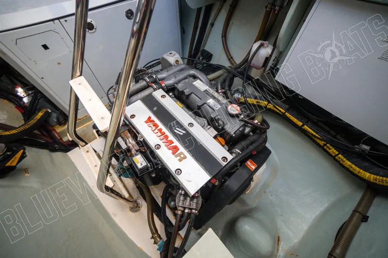Sea Dog Yacht Photos Pics Engine room of a 2020 Leopard 58 yacht featuring a Yanmar engine.