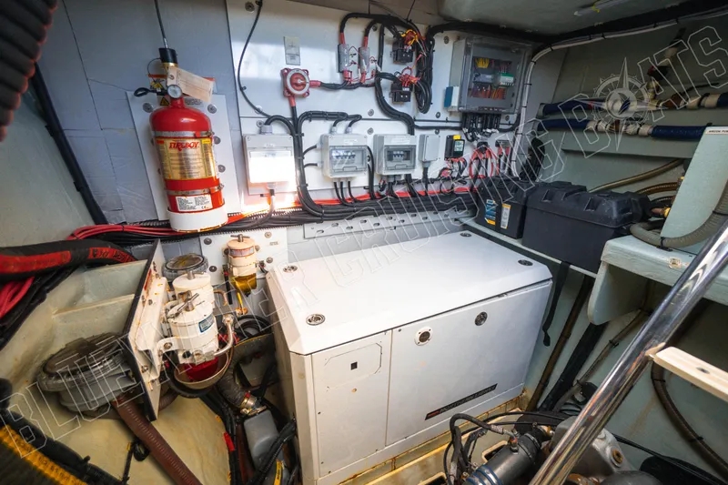 Sea Dog Yacht Photos Pics Engine room of a 2020 Leopard 58 yacht with fire extinguisher and control panels.