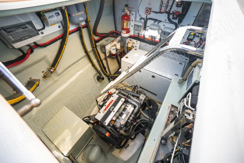 Sea Dog Yacht Photos Pics Engine room of a 2020 Leopard 58 yacht, featuring Yanmar engine and electrical systems.