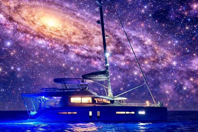 Sea Dog Yacht Photos Pics Luxurious Leopard 58 yacht under a starry galaxy sky, 2020 model.