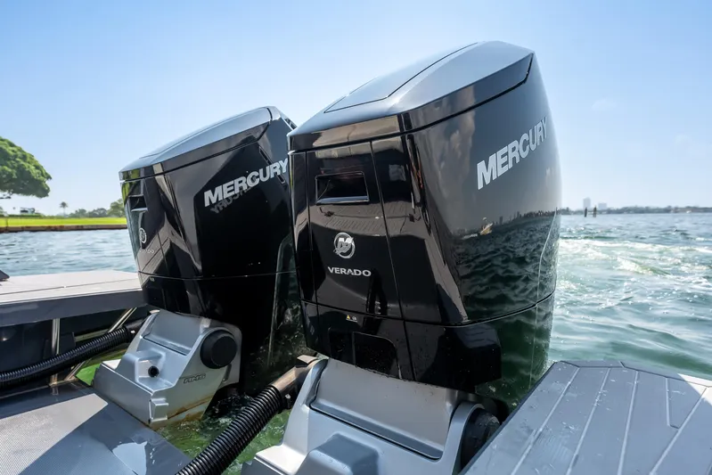  Yacht Photos Pics 2023 Cruisers Yachts 42 GLS OB with dual Mercury Verado outboard engines on water.