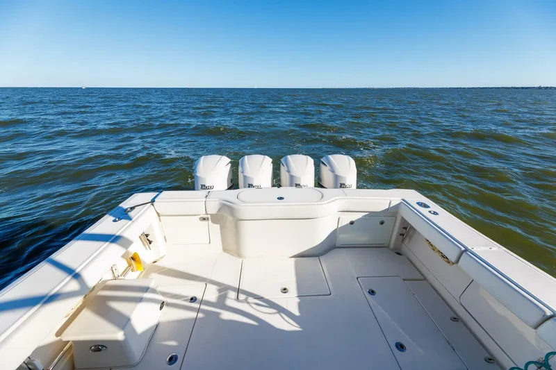 Tranquila Yacht Photos Pics Jupiter 41 EX 2016 boat deck with ocean view and four engines.