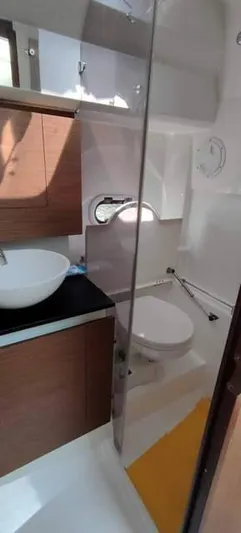  Yacht Photos Pics 2019 Jeanneau Cap Camarat 10.5 WA bathroom with modern fixtures and wood accents.