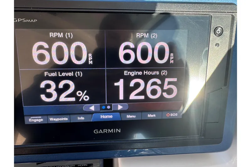  Yacht Photos Pics Garmin display on 2022 Tiara Yachts 43 Open showing RPM, fuel level, and engine hours.