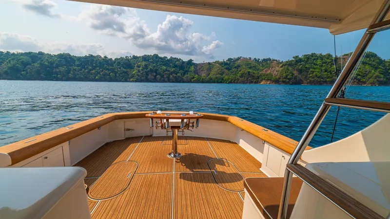 Pez Collector Yacht Photos Pics View from the deck of a 2010 Custom Marcam 43 Convertible yacht on a serene lake.