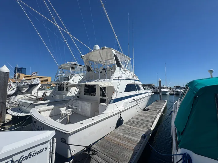 Hear After Yacht Photos Pics 1995 Bertram 50 Convertible yacht docked at marina under clear blue sky.