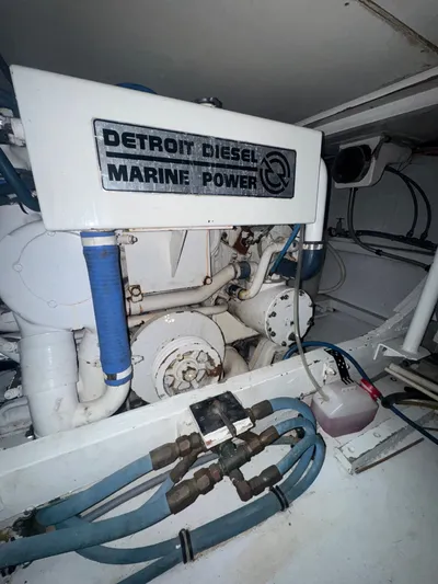 Hear After Yacht Photos Pics Engine room of 1995 Bertram 50 Convertible with Detroit Diesel Marine Power.