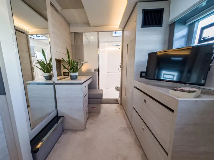 Solaia Yacht Photos Pics Modern interior of a 2020 Leopard 50 yacht with sleek design and natural lighting.