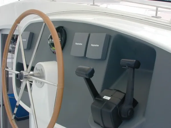 Ocean Mandalay Yacht Photos Pics Helm of Fountaine Pajot Belize 43, 2003 model.