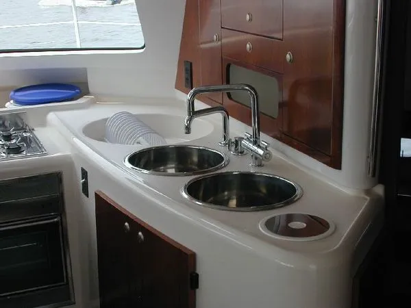 Ocean Mandalay Yacht Photos Pics Galley area of Fountaine Pajot Belize 43 yacht, year 2003.