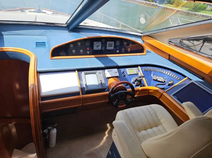  Yacht Photos Pics Interior cockpit of 1998 Astondoa 72 GLX yacht with modern controls and leather seating.