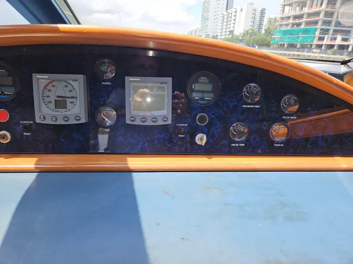  Yacht Photos Pics Control panel of 1998 Astondoa 72 GLX Extended Platform yacht with gauges and displays.
