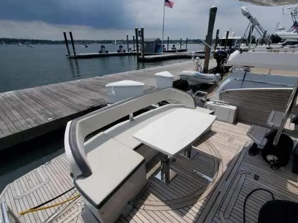  Yacht Photos Pics Galeon 500 Fly 2020 yacht docked, featuring a stylish outdoor seating area.