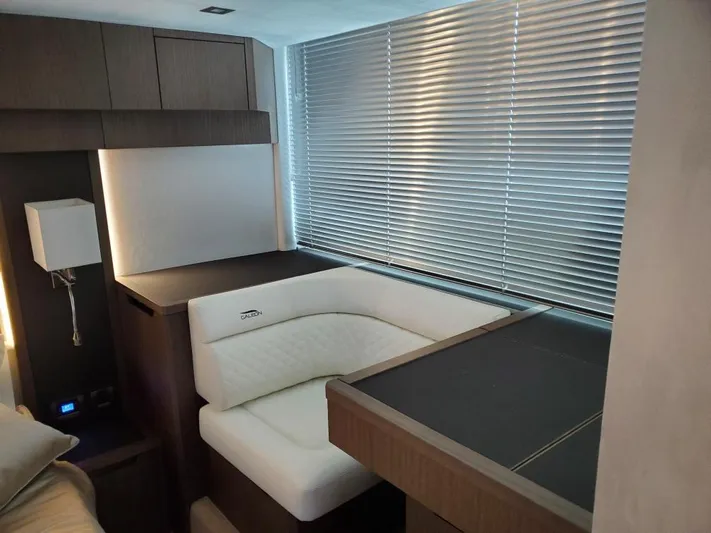  Yacht Photos Pics Interior of 2020 Galeon 500 Fly yacht with modern seating and blinds.