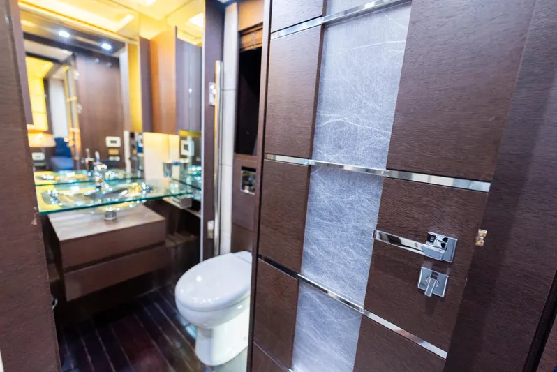  Yacht Photos Pics Luxurious bathroom interior on a 2008 Azimut 103S yacht, featuring modern fixtures and elegant design.