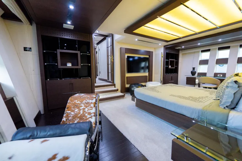  Yacht Photos Pics Luxurious interior of a 2008 Azimut 103S yacht, featuring modern bedroom design.