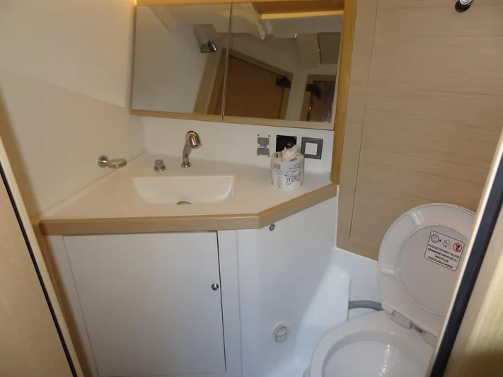 Exit Strategy Yacht Photos Pics 2020 Beneteau Oceanis 46.1 yacht bathroom with sink, mirror, and toilet.