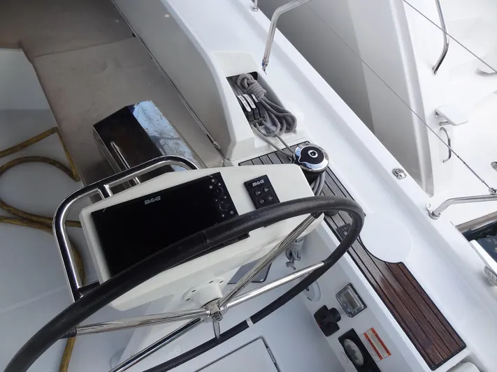 Exit Strategy Yacht Photos Pics Steering wheel and control panel of 2020 Beneteau Oceanis 46.1 sailboat.