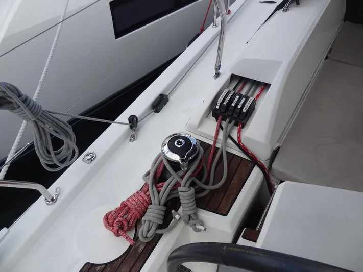Exit Strategy Yacht Photos Pics Beneteau Oceanis 46.1 2020 sailboat deck with winch and ropes.